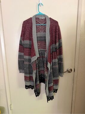 Absolutely Famous Burgundy & Gray Open-Front Patterned Cardigan